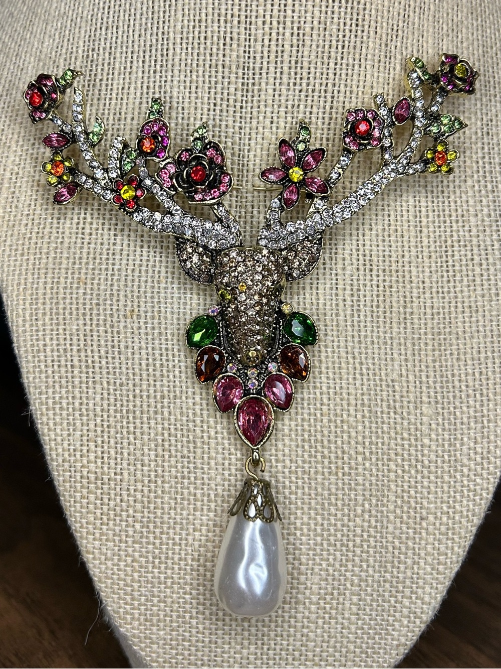 Jeweled Deer Reindeer Brooch Floral Antlers Rhinestone Pearl Statement Pin